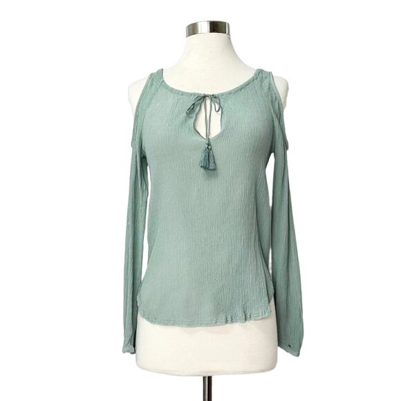 GO BY GO SILK Tops - Go> by Gosilk Light Teal Cold Shoulder Washable Silk Peasant Top